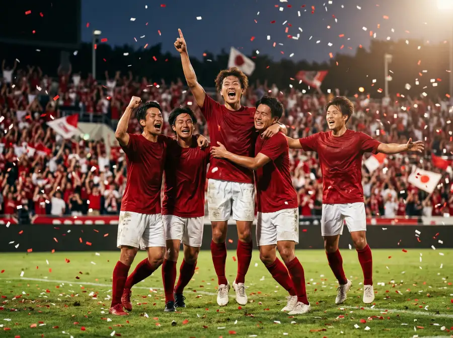 Jugadores japoneses celebran en el terreno de juego tras una victoria de liga en la temporada 2025